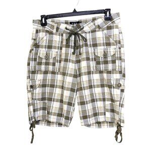 Womens Shorts Size 10 Plaid Taupe Gray Cargo Tie Hem Casual Comfort Lightweight